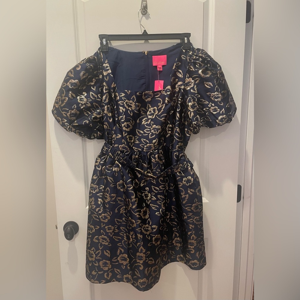 NWT Lilly Pulitzer Kasslyn Elbow Sleeve Navy Gold Puff Floral Brocade - Size 16